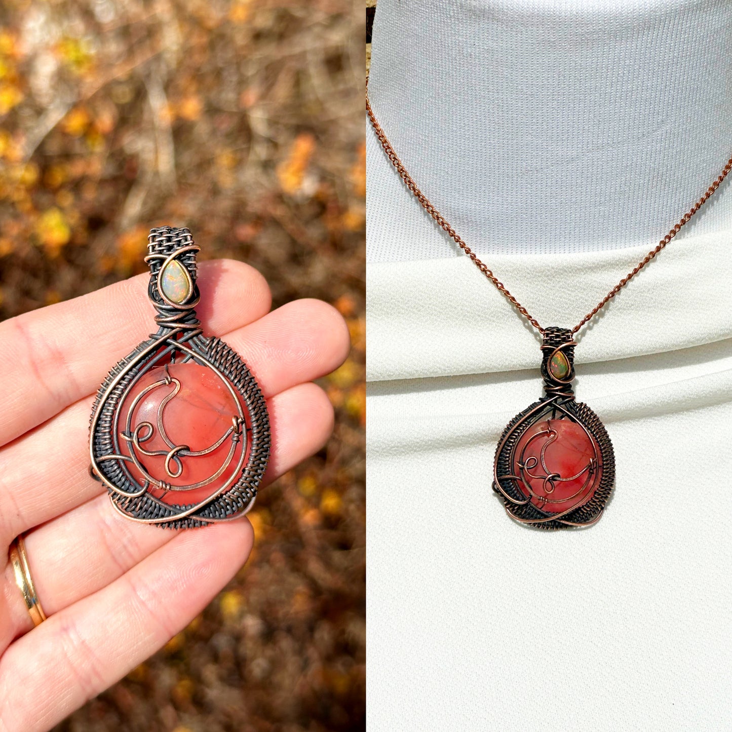 Crescent Moon Cherry Quartz Crystal Copper Pendant