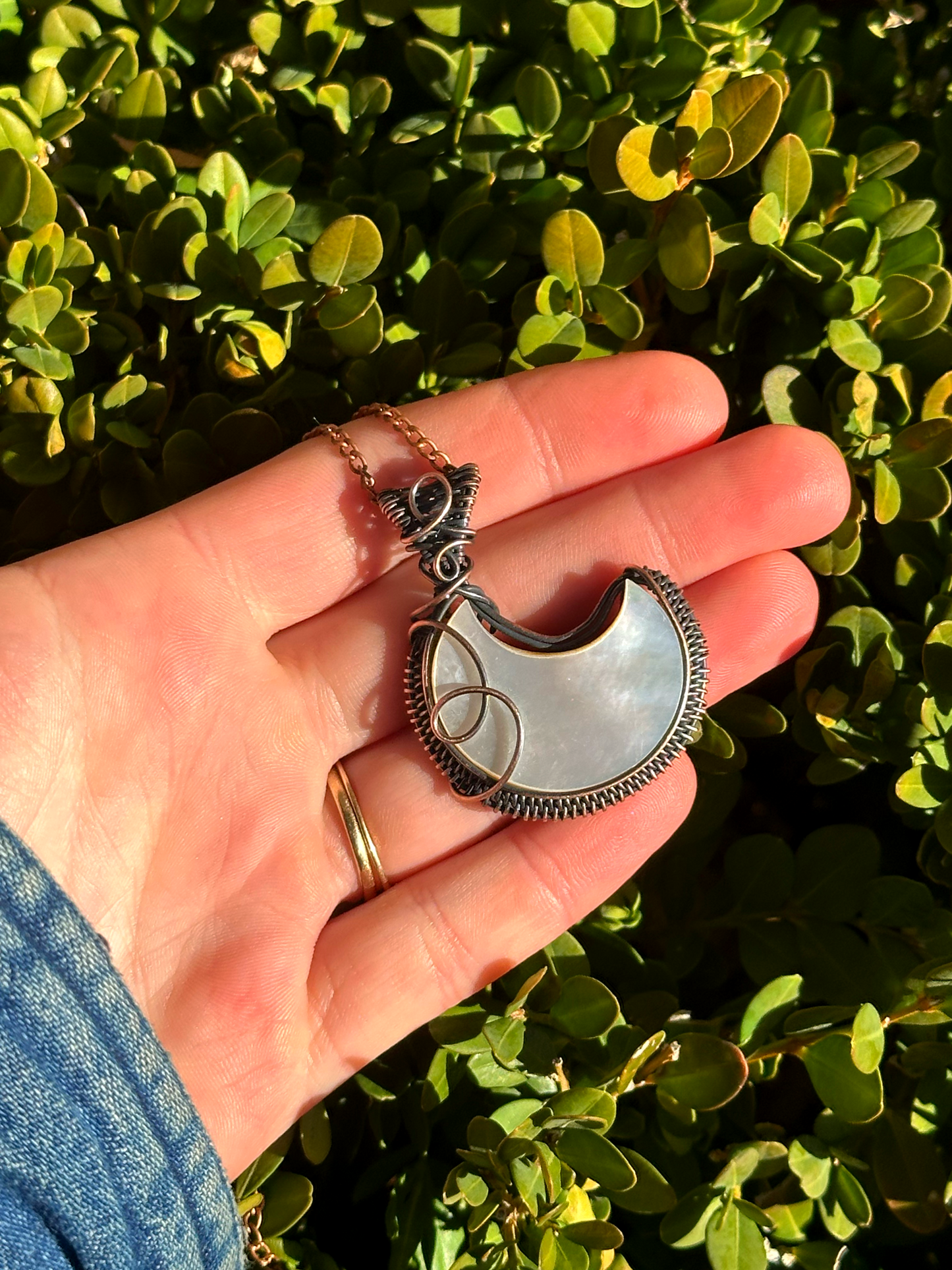 Crescent Moon Mother of Pearl Crystal Copper Pendant