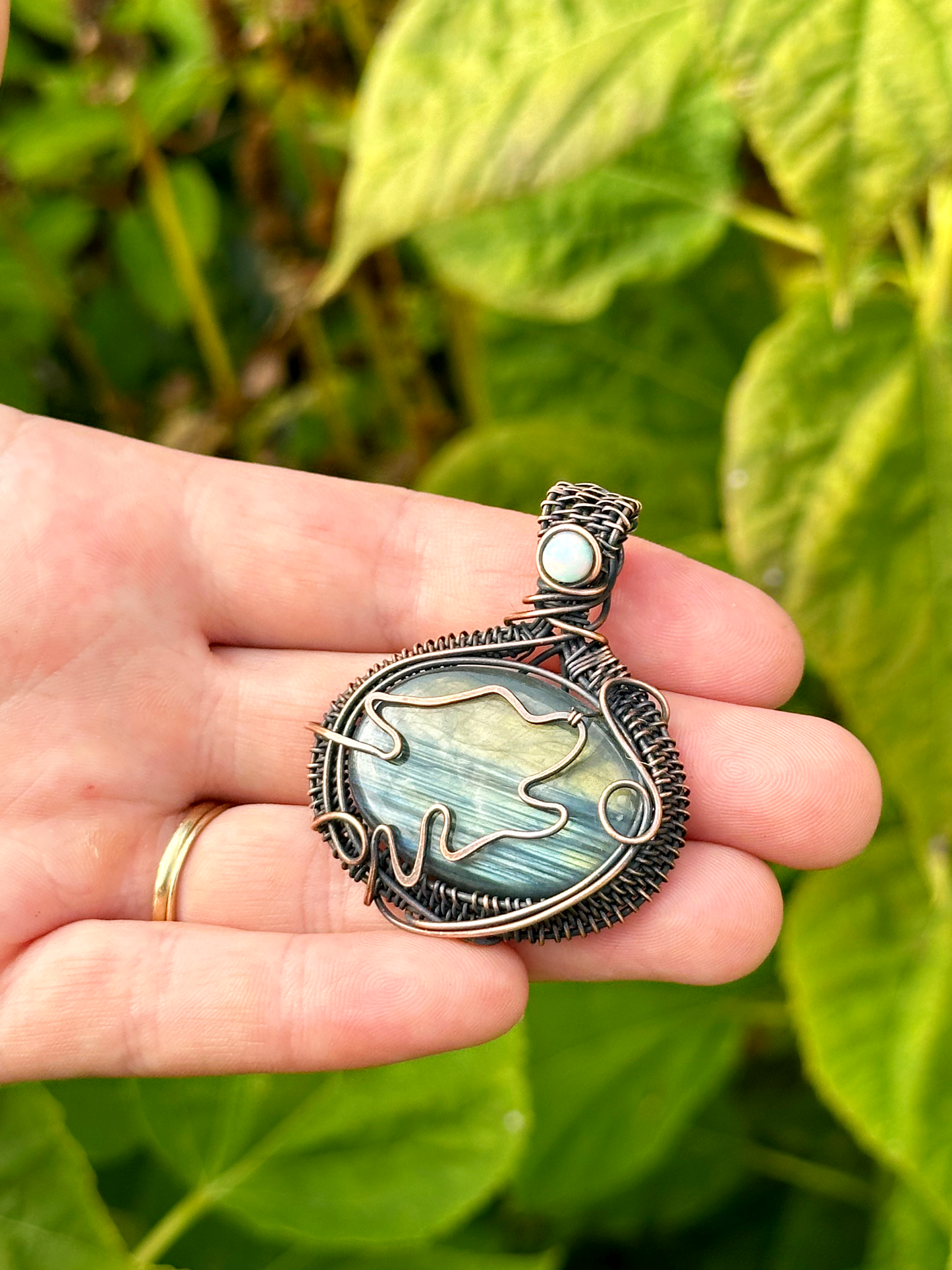 Wolf Labradorite & Opal Crystal Copper Pendant