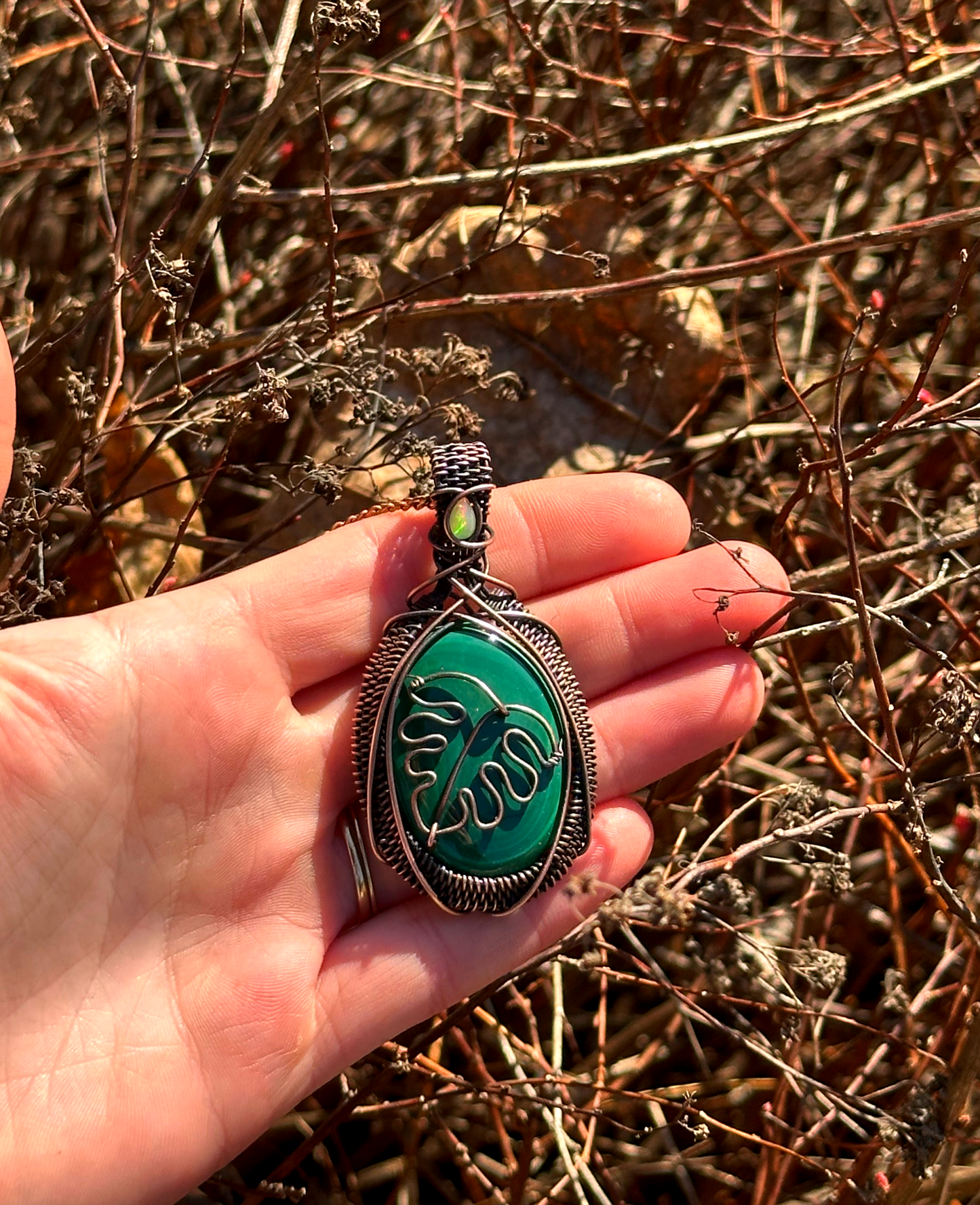 Monstera Malachite Opal Crystal Copper Pendant