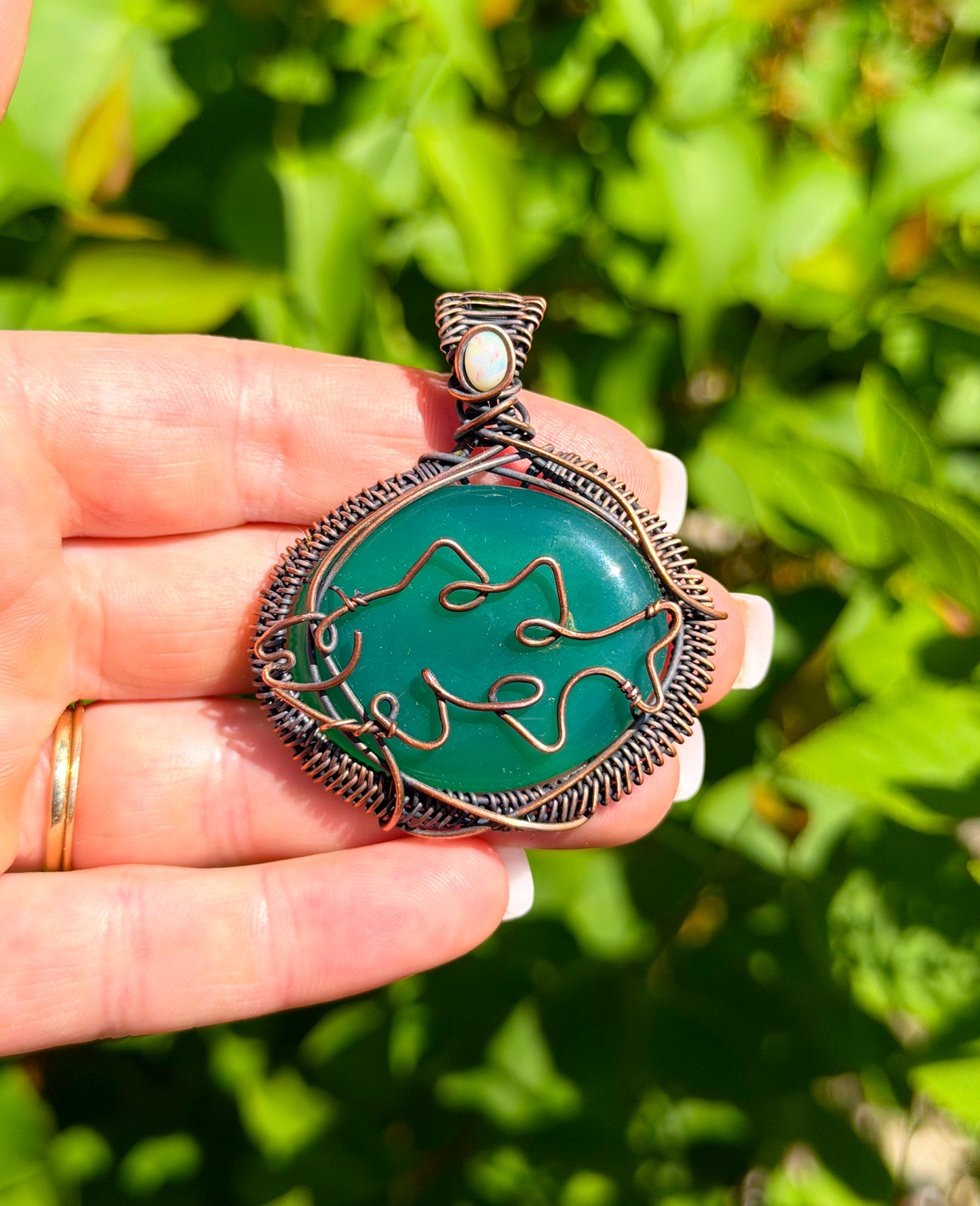 Sunfish Green Strawberry Quartz with Opal Accent Crystal Copper Pendant