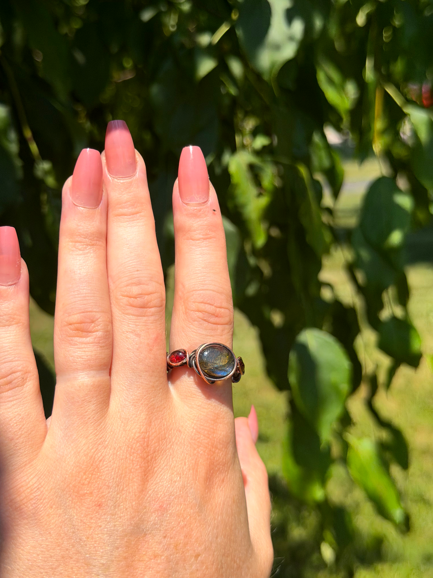 Triple Labradorite & Garnet Crystal Copper Ring