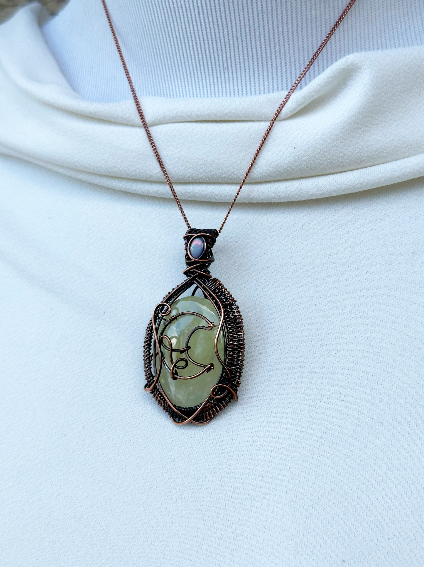 Crescent Moon Prehnite Crystal Copper Pendant