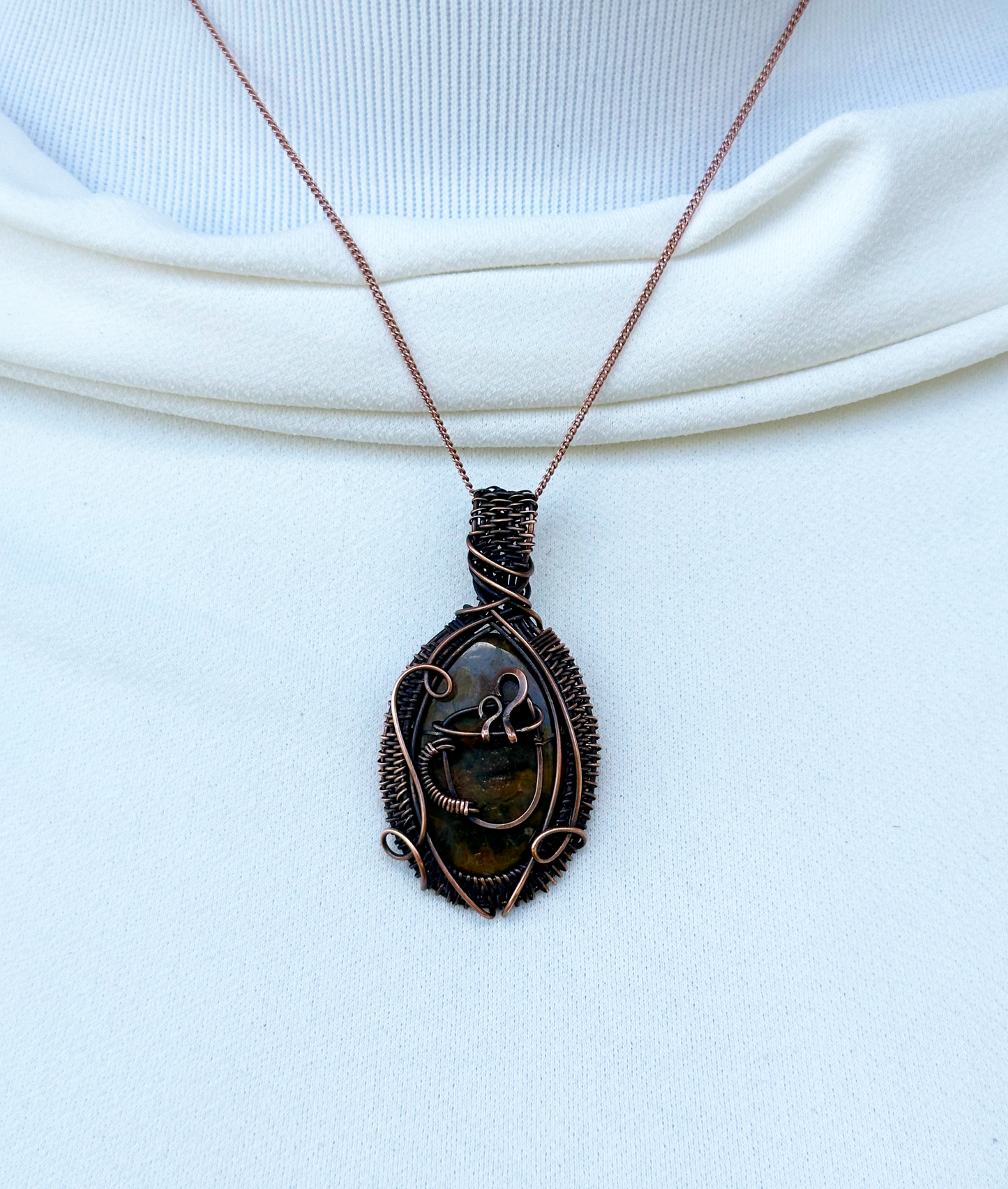 Coffee Brew Ocean Jasper & Opal Crystal Copper Pendant