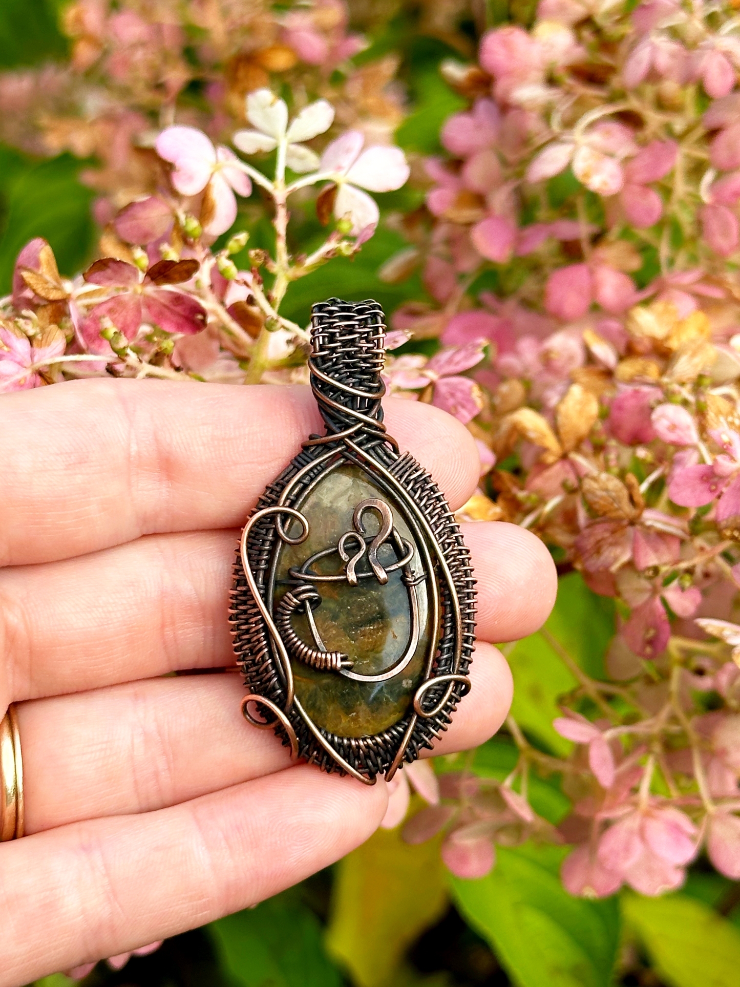 Coffee Brew Ocean Jasper & Opal Crystal Copper Pendant