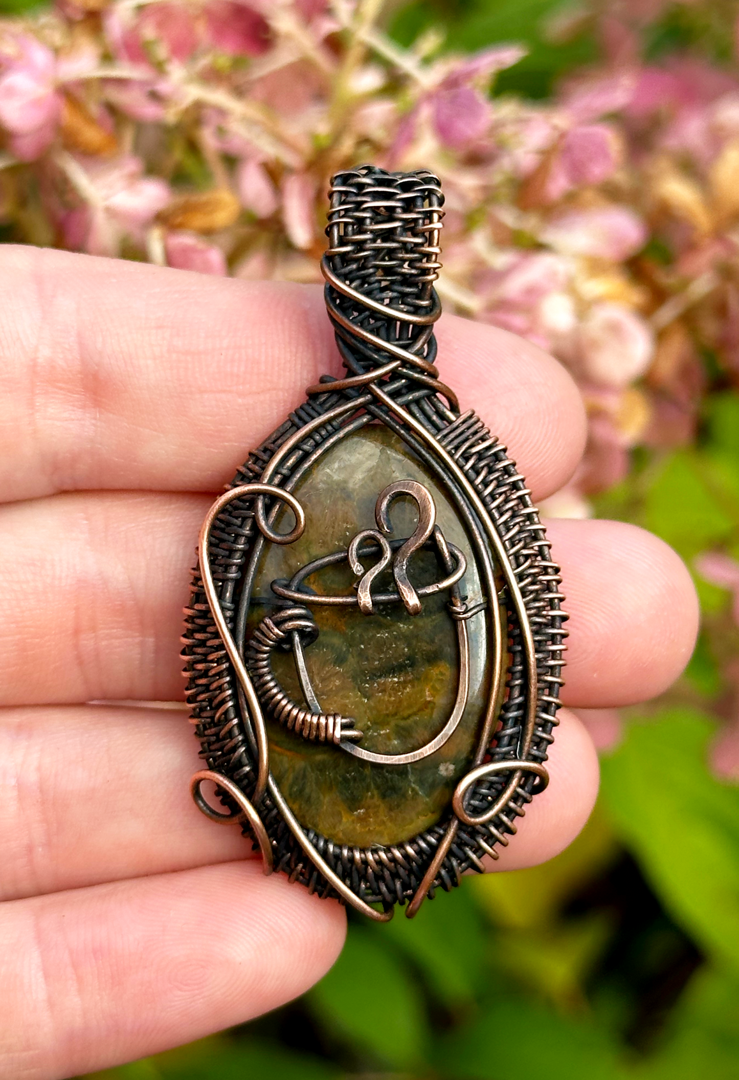 Coffee Brew Ocean Jasper & Opal Crystal Copper Pendant