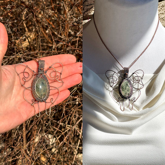 Luna Moth Prehnite Crystal Copper Pendant