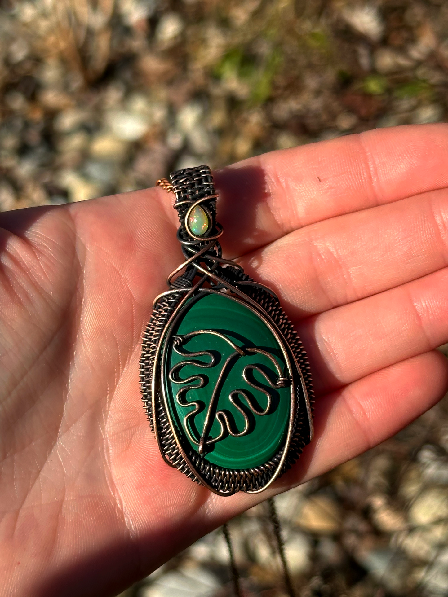 Monstera Malachite Opal Crystal Copper Pendant