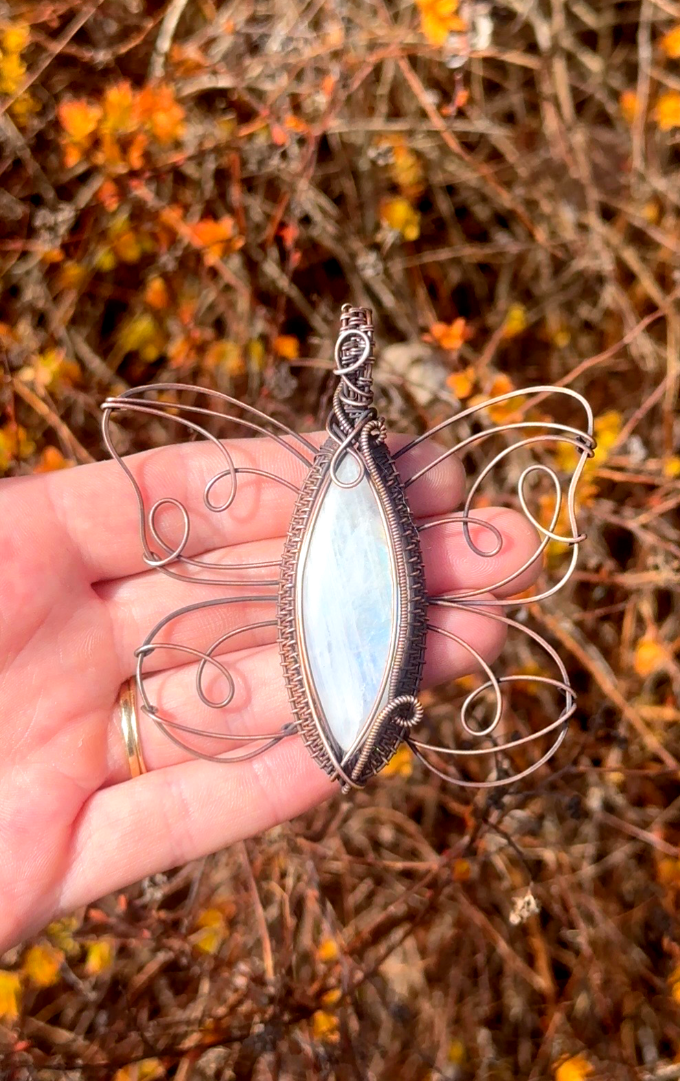 Butterfly Rainbow Moonstone Crystal Copper Pendant