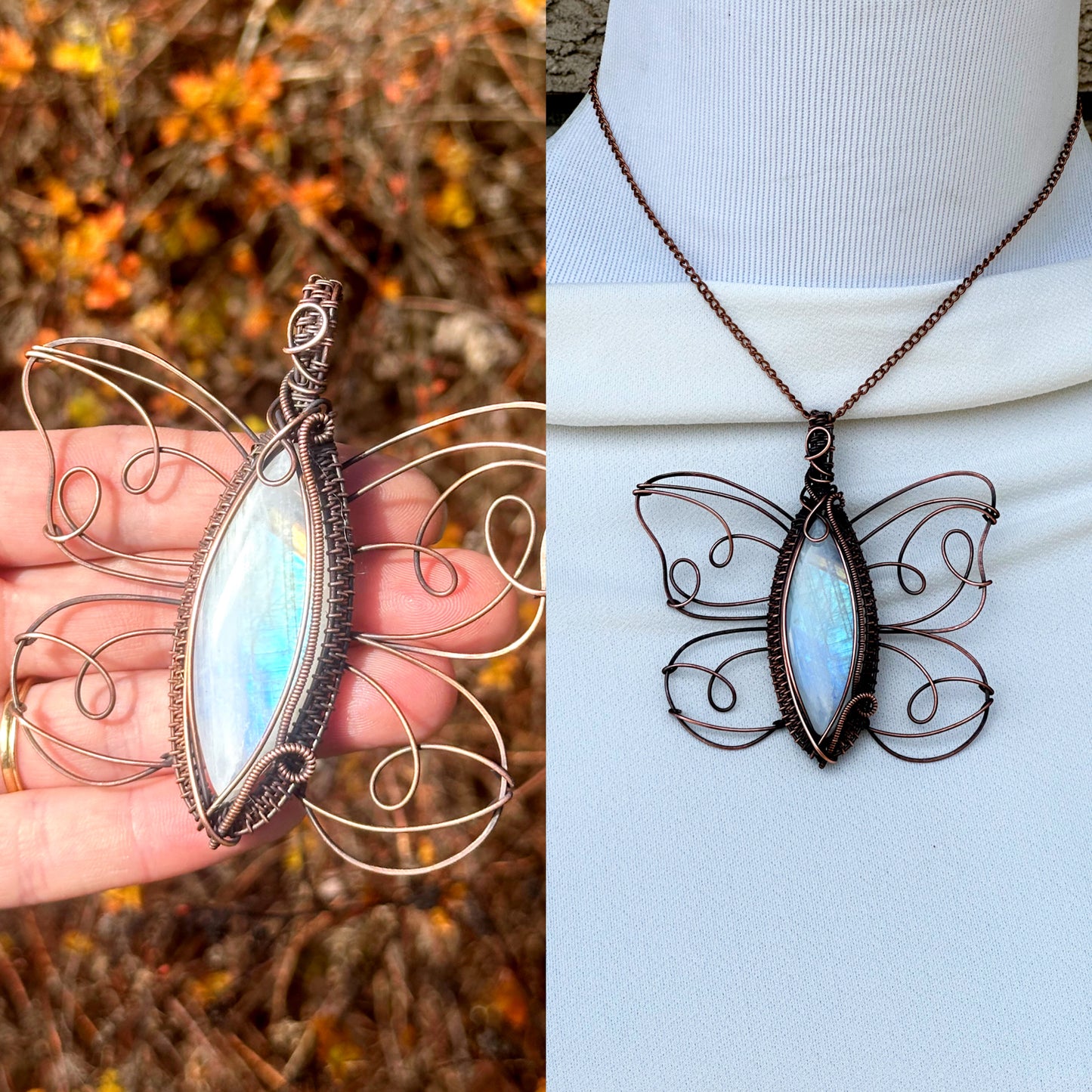 Butterfly Rainbow Moonstone Crystal Copper Pendant