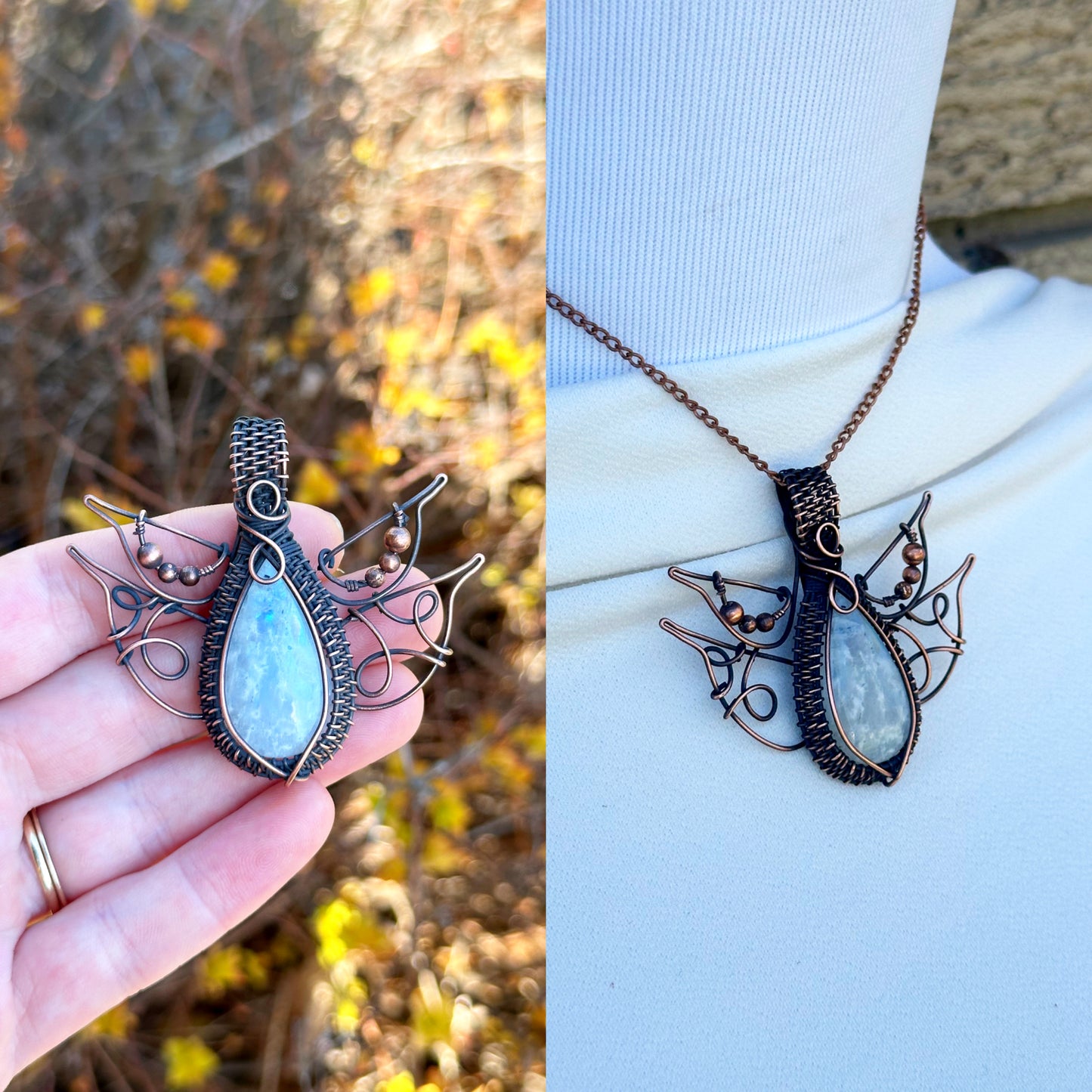 Lotus Rainbow Moonstone Crystal Copper Pendant