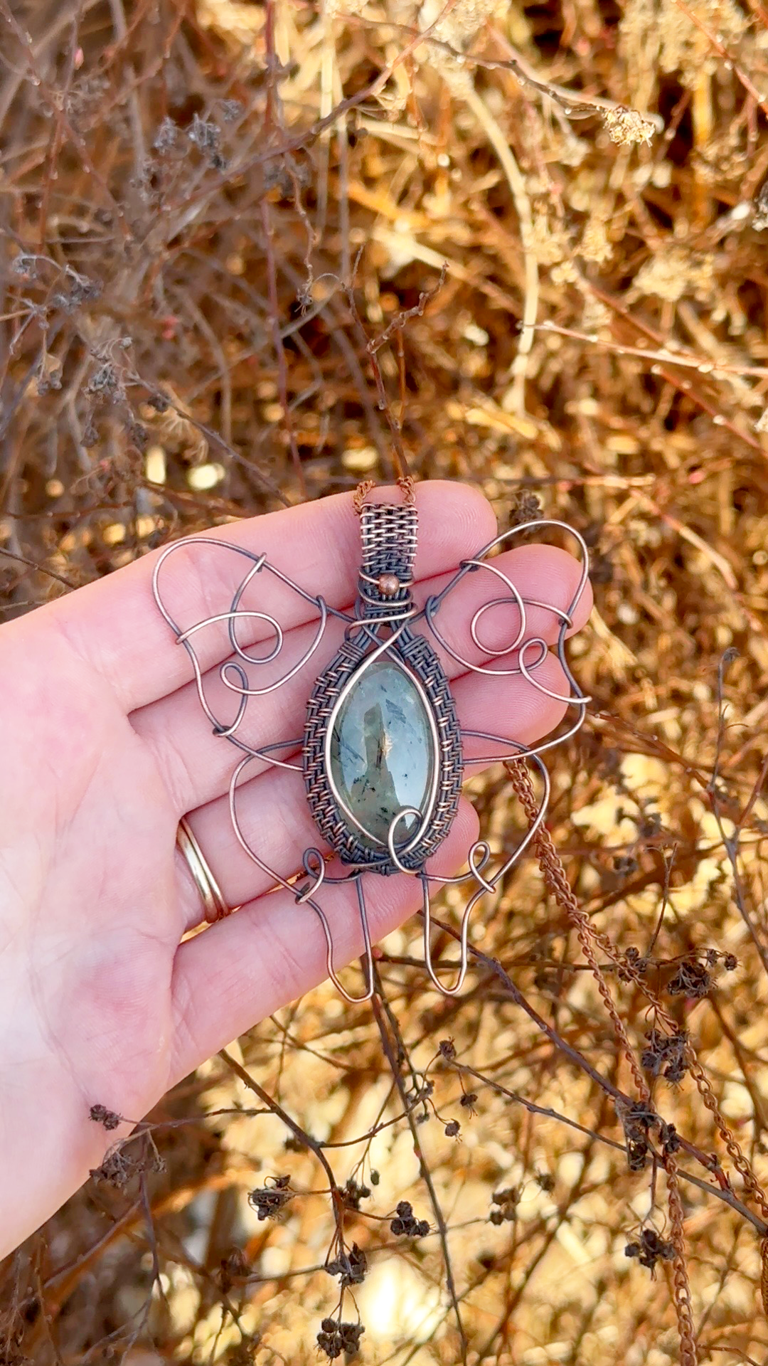 Luna Moth Prehnite Crystal Copper Pendant