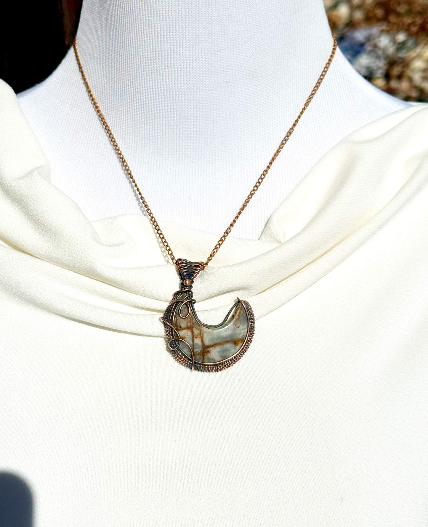 Crescent Moon Picture Jasper Crystal Copper Pendant