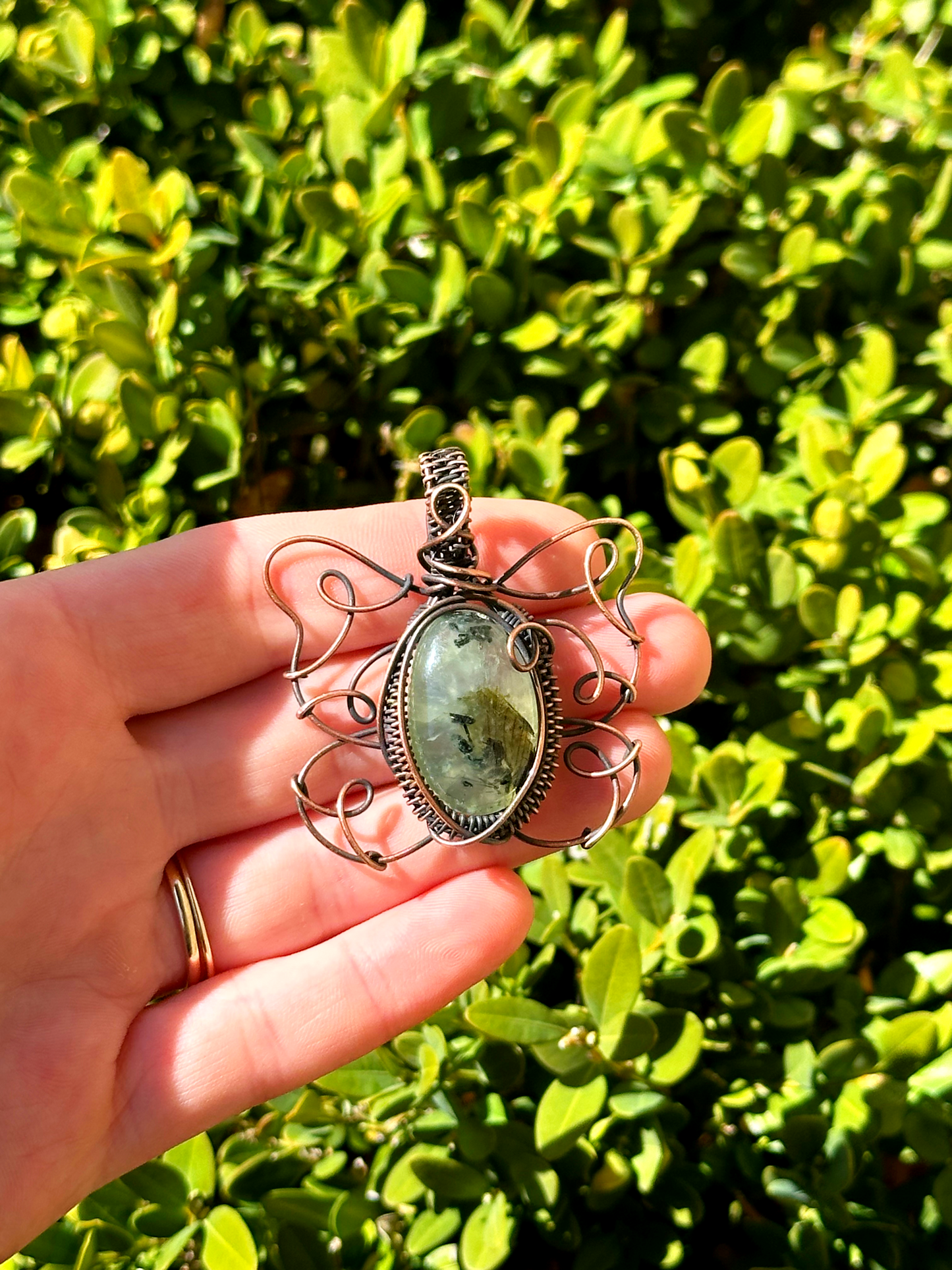 Tailed Green Jay Butterfly Prehnite Crystal Copper Pendant