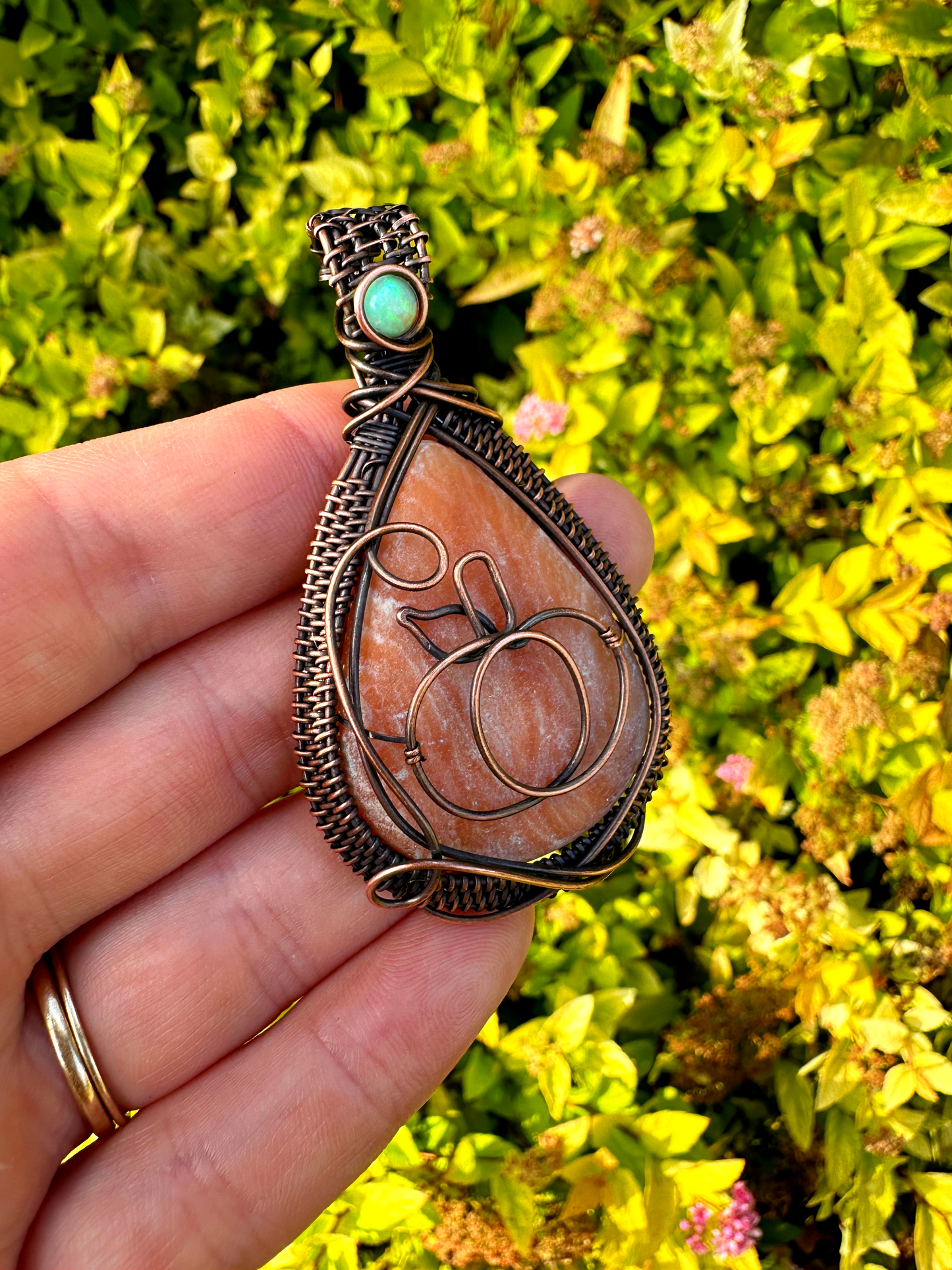 Pumpkin Opal & Orange Calcite Crystal Copper Pendant