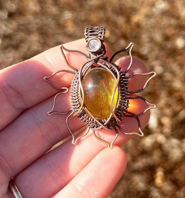 Sun Ametrine & Clear Quartz Accent Crystal Copper Pendant