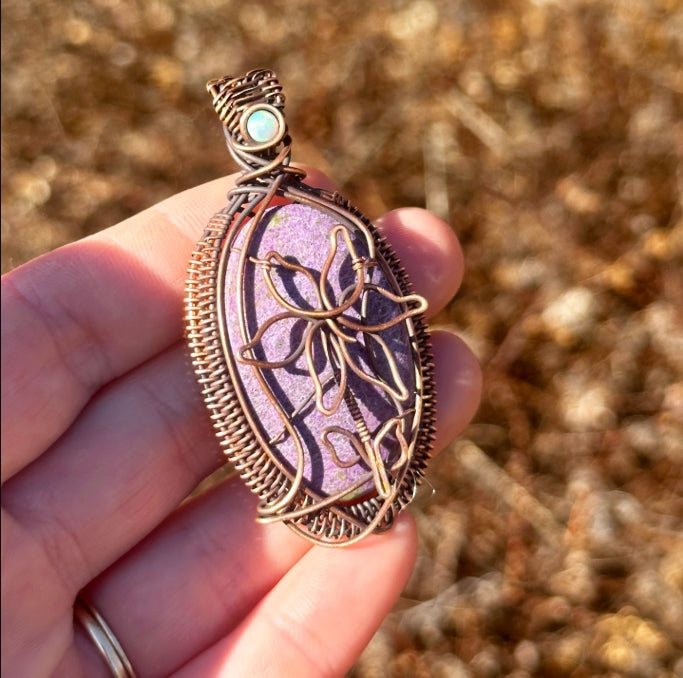 Easter Lilly Purple Stitchite & Opal Accent Crystal Copper Pendant