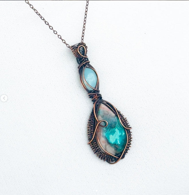 Double Chyroprase & Amazonite Crystal Copper Pendant