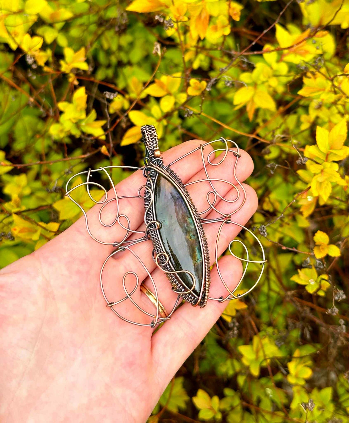 Peacock Butterfly Labradorite Crystal Copper Pendant