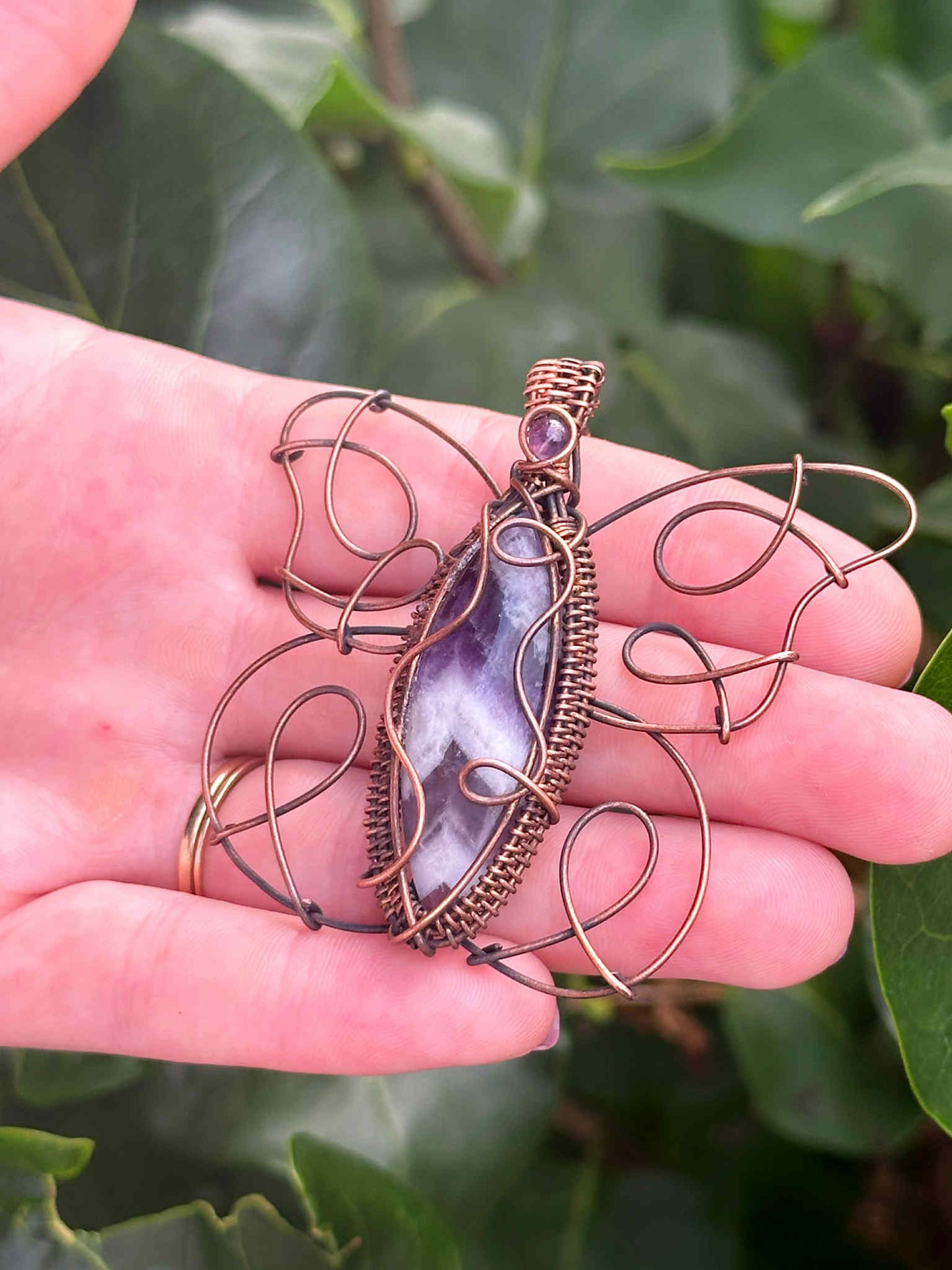 Butterfly Purple Chevron & Amethyst Crystal Copper Pendant