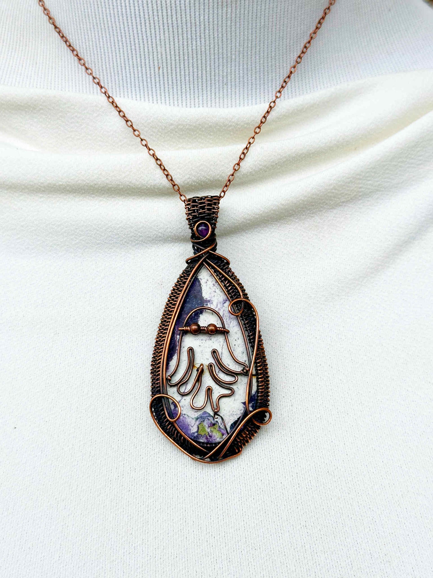Ghost Kammerite & Amethyst Crystal Copper Pendant