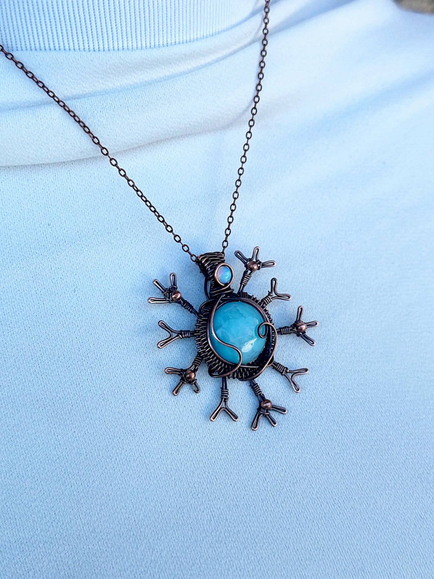 Snowflake Blue Jade & Opal Crystal Copper Pendant