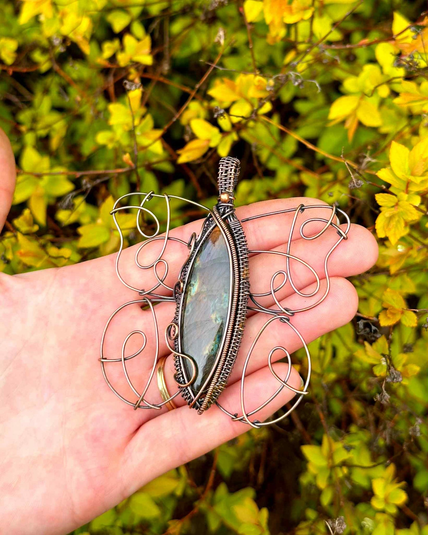 Peacock Butterfly Labradorite Crystal Copper Pendant
