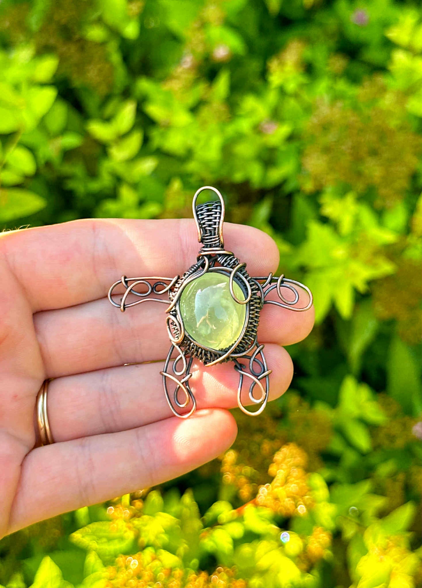 Turtle Prehnite Crystal Copper Pendant