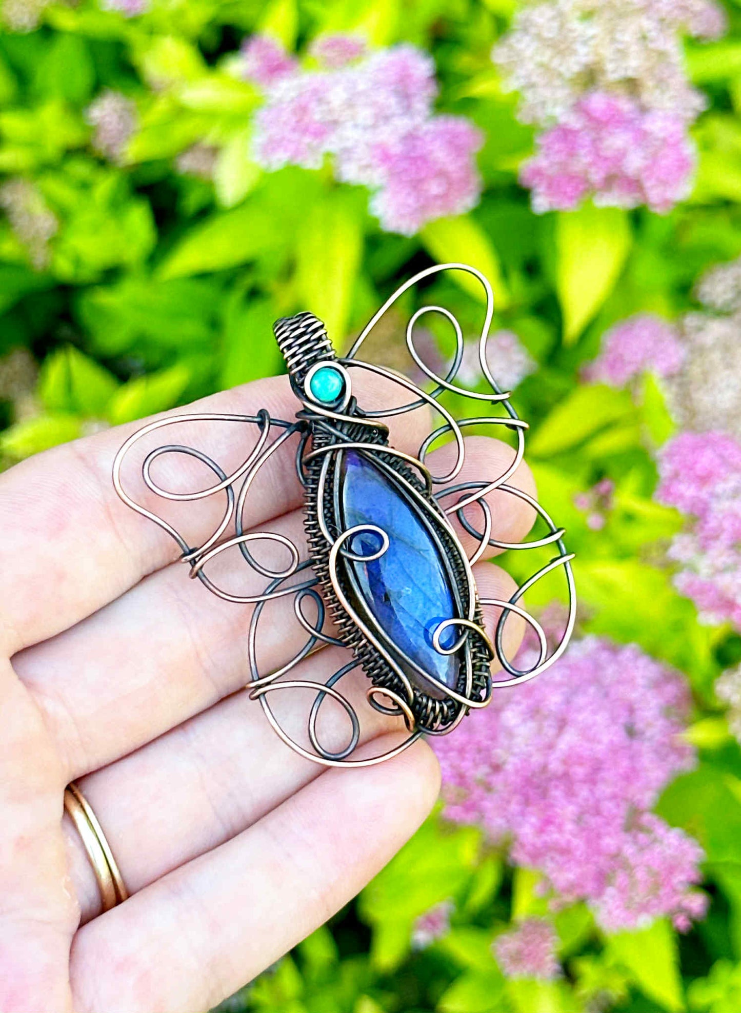Butterfly Double Labradorite & Opal Crystal Copper Pendant