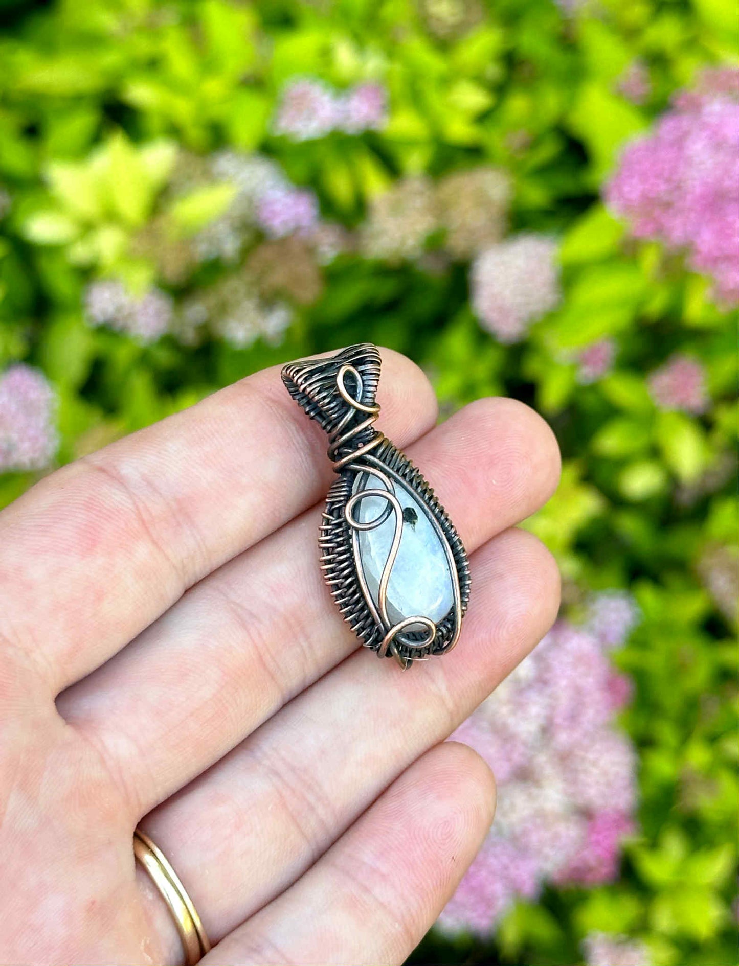 Mini Rainbow Moonstone Crystal Copper Pendant