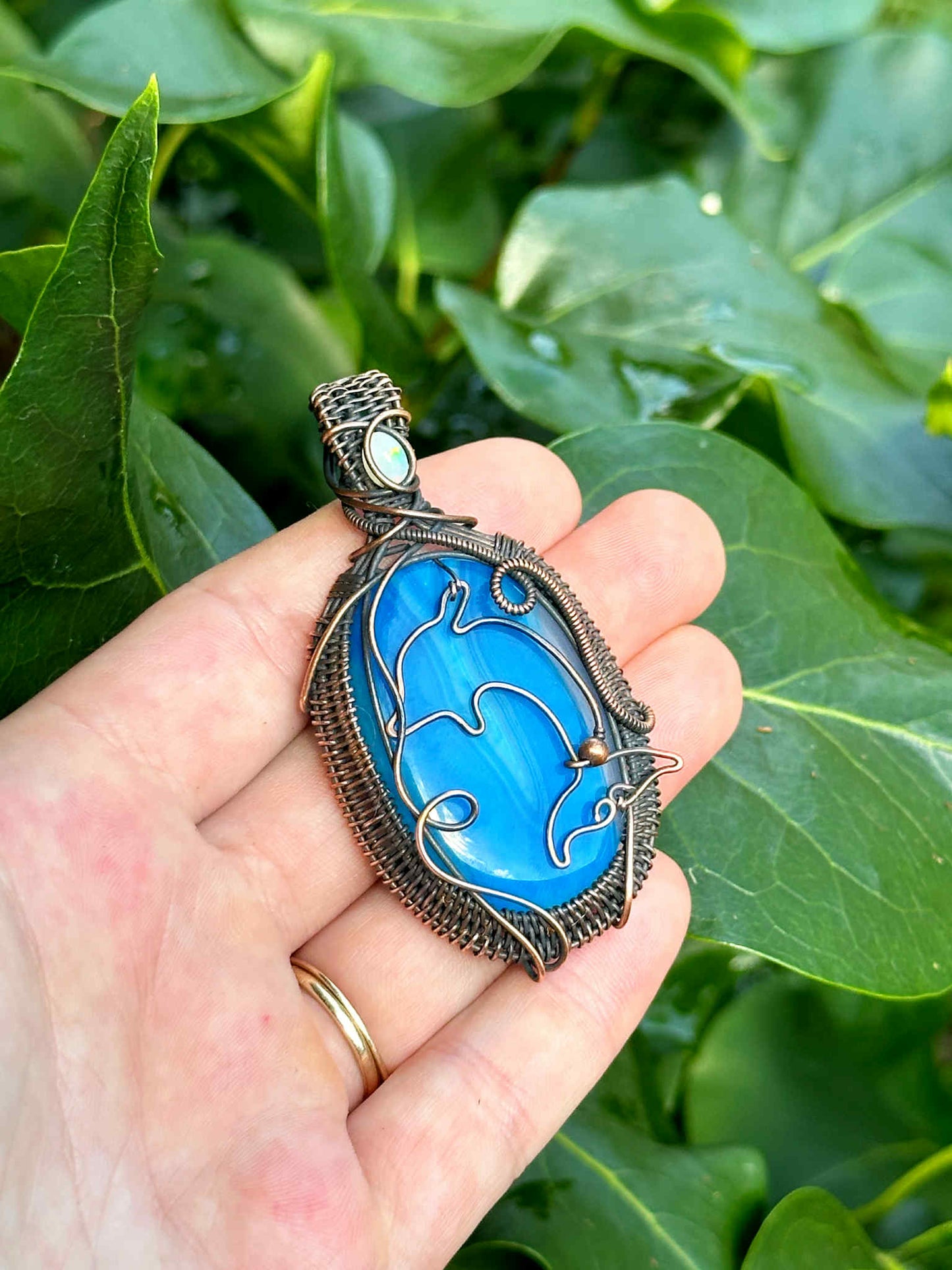 Dolphin Blue Banded Agate Crystal Copper Pendant