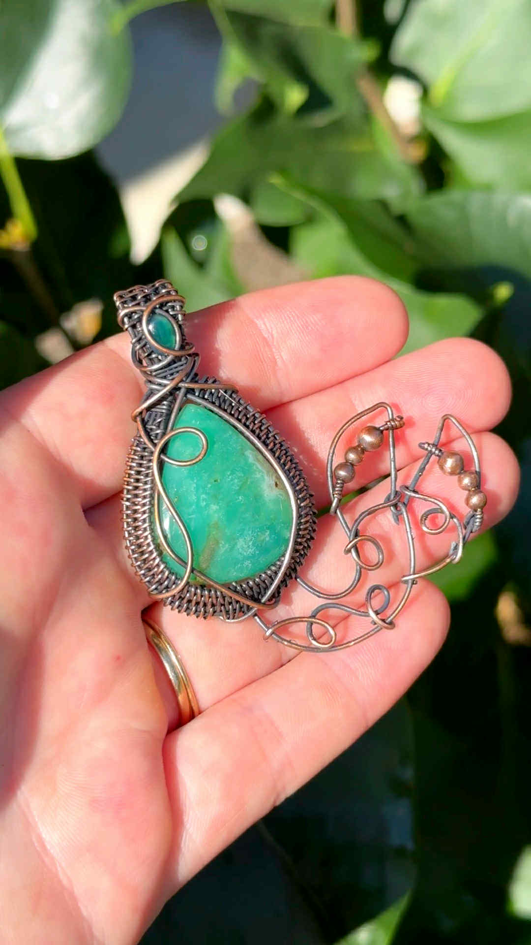 Mermaid Double Chrysoprase & Emerald Crystal Copper Pendant