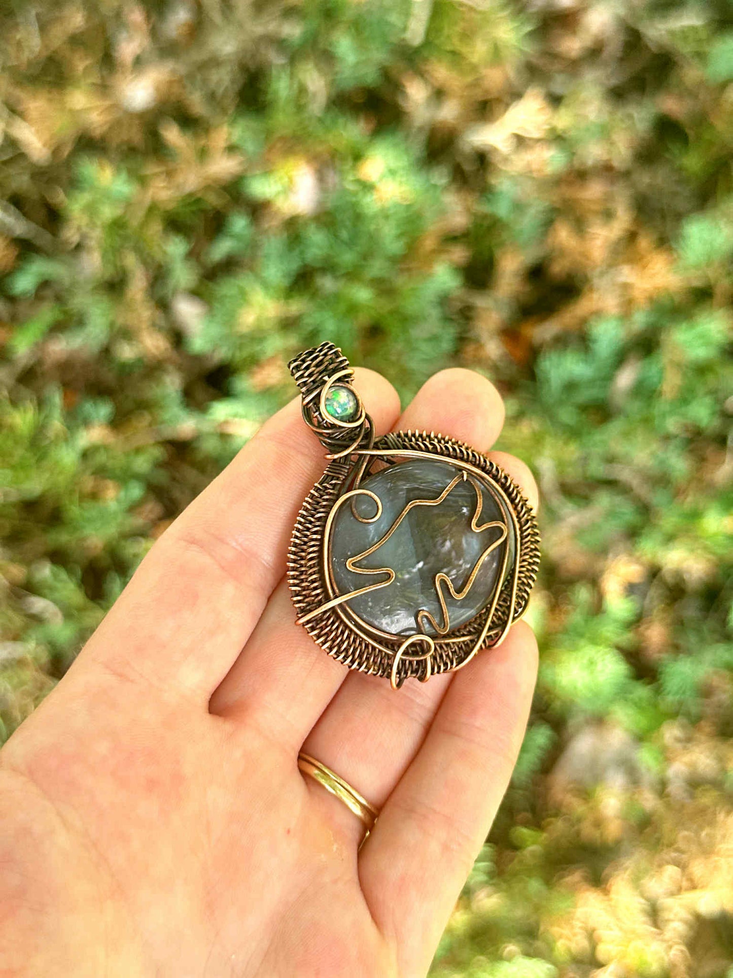 Wolf Grey Agate & Opal Crystal Copper Pendant