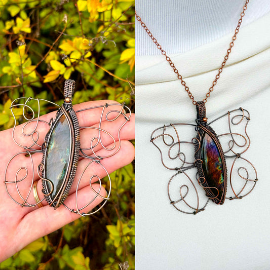 Peacock Butterfly Labradorite Crystal Copper Pendant