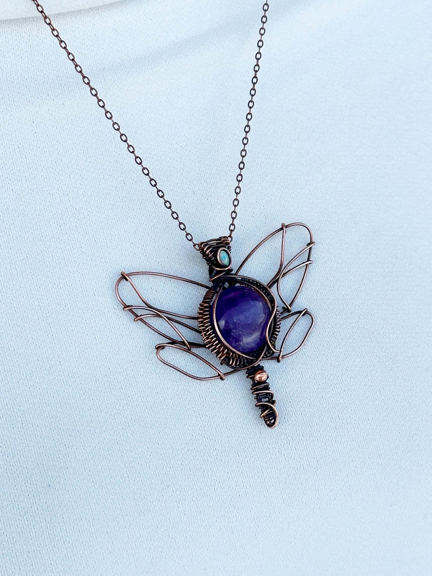 Dragon Fly Lilac Amethyst & Opal Accent Crystal Copper Pendant