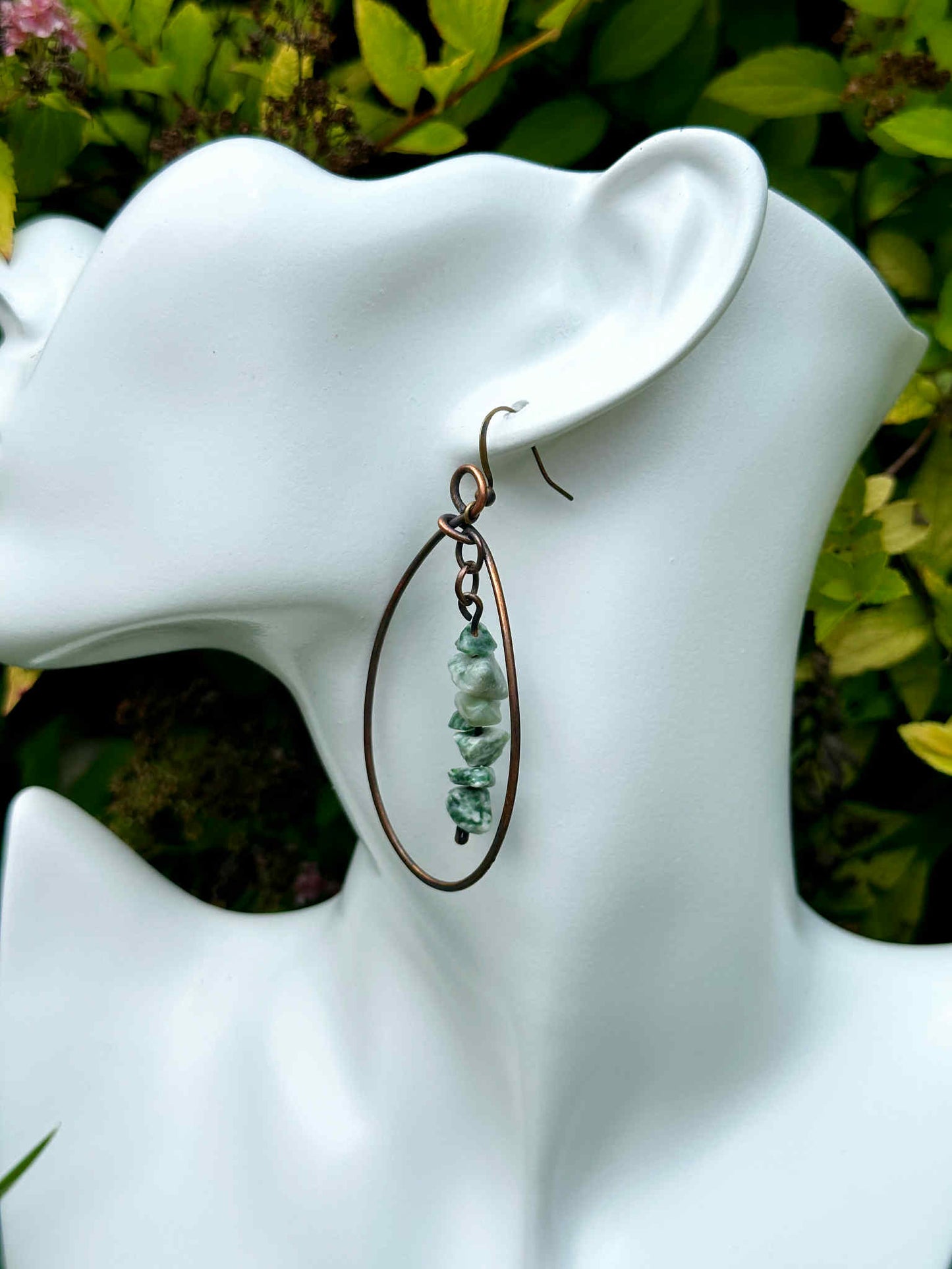 Green Serpentine Crystal Copper Hoops