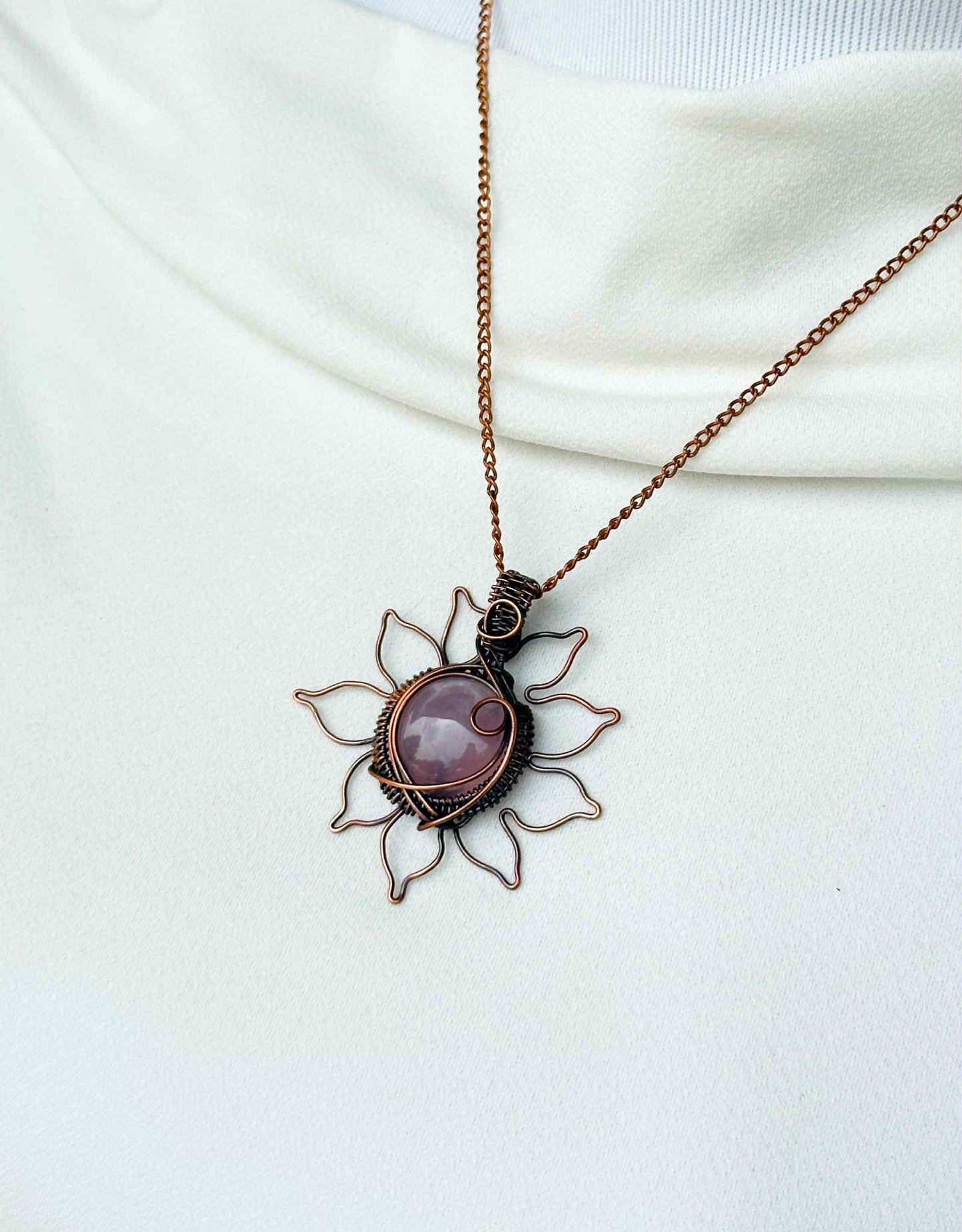Sun Rose Quartz Crystal Copper Pendant