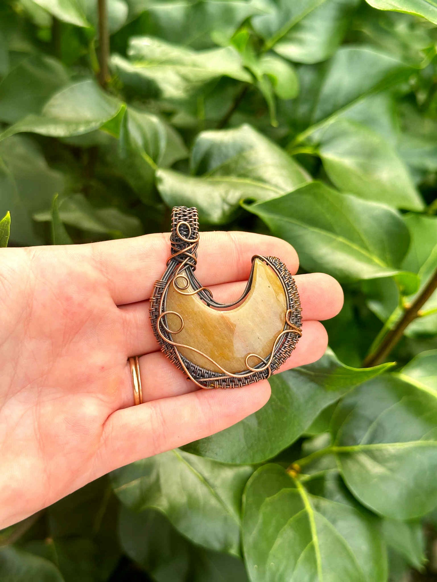Crescent Moon Chalcedony Crystal Copper Pendant