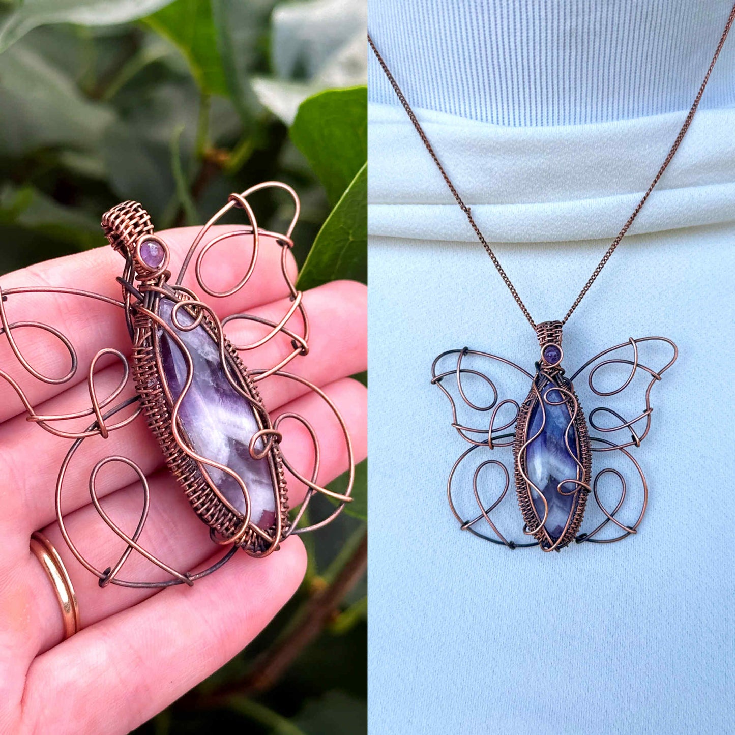Butterfly Purple Chevron & Amethyst Crystal Copper Pendant