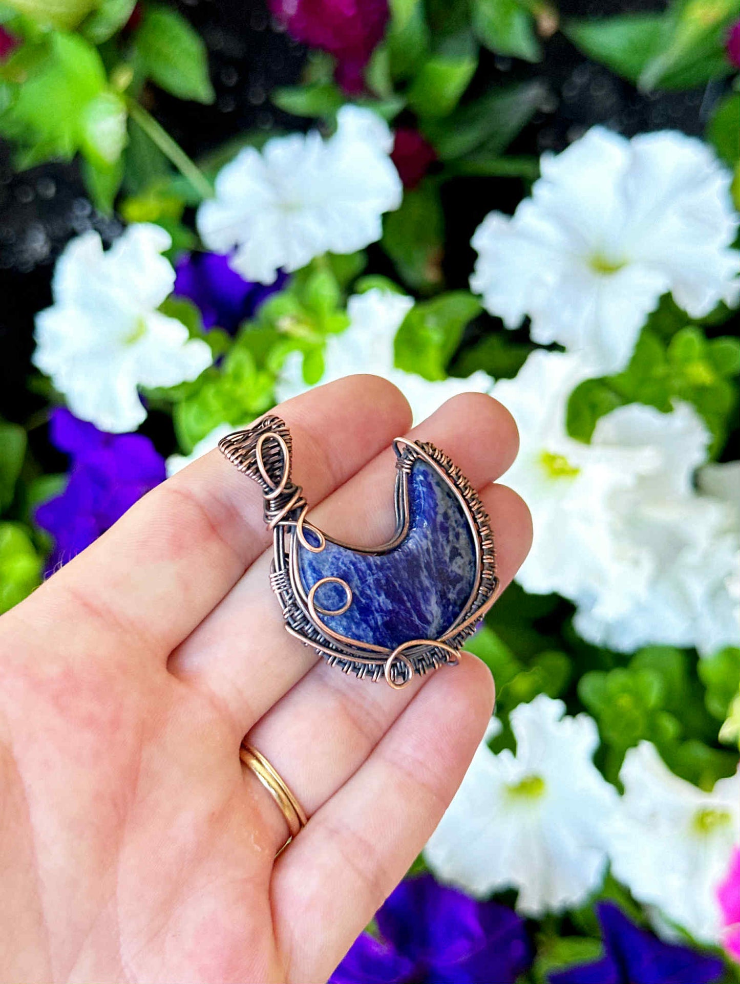 Crescent Moon Lapis Crystal Copper Pendant