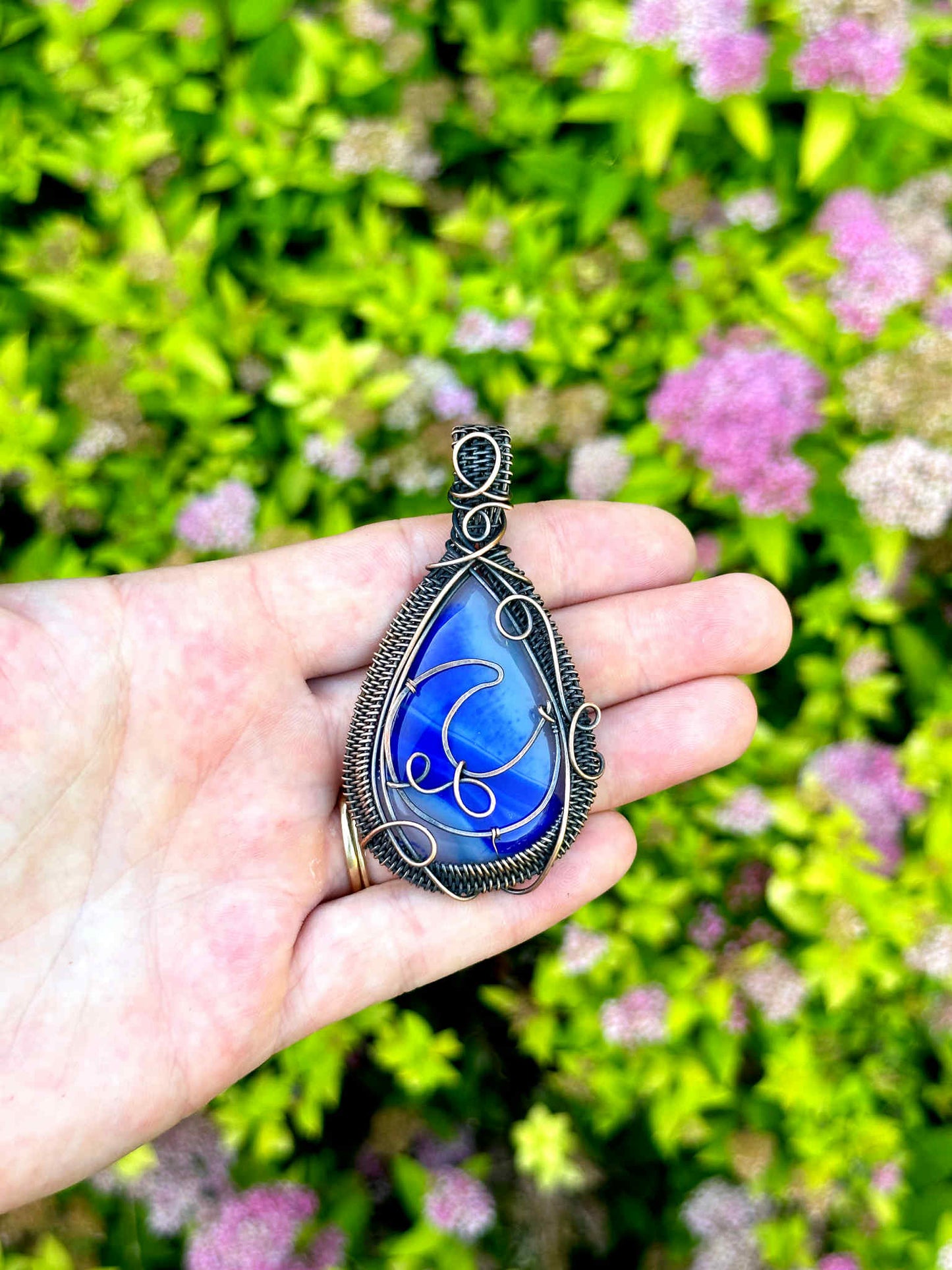 Crescent Moon Blue Banded Agate Crystal Copper Pendant