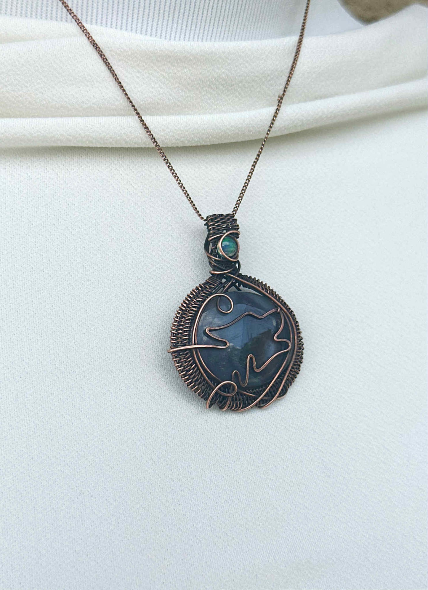 Wolf Grey Agate & Opal Crystal Copper Pendant