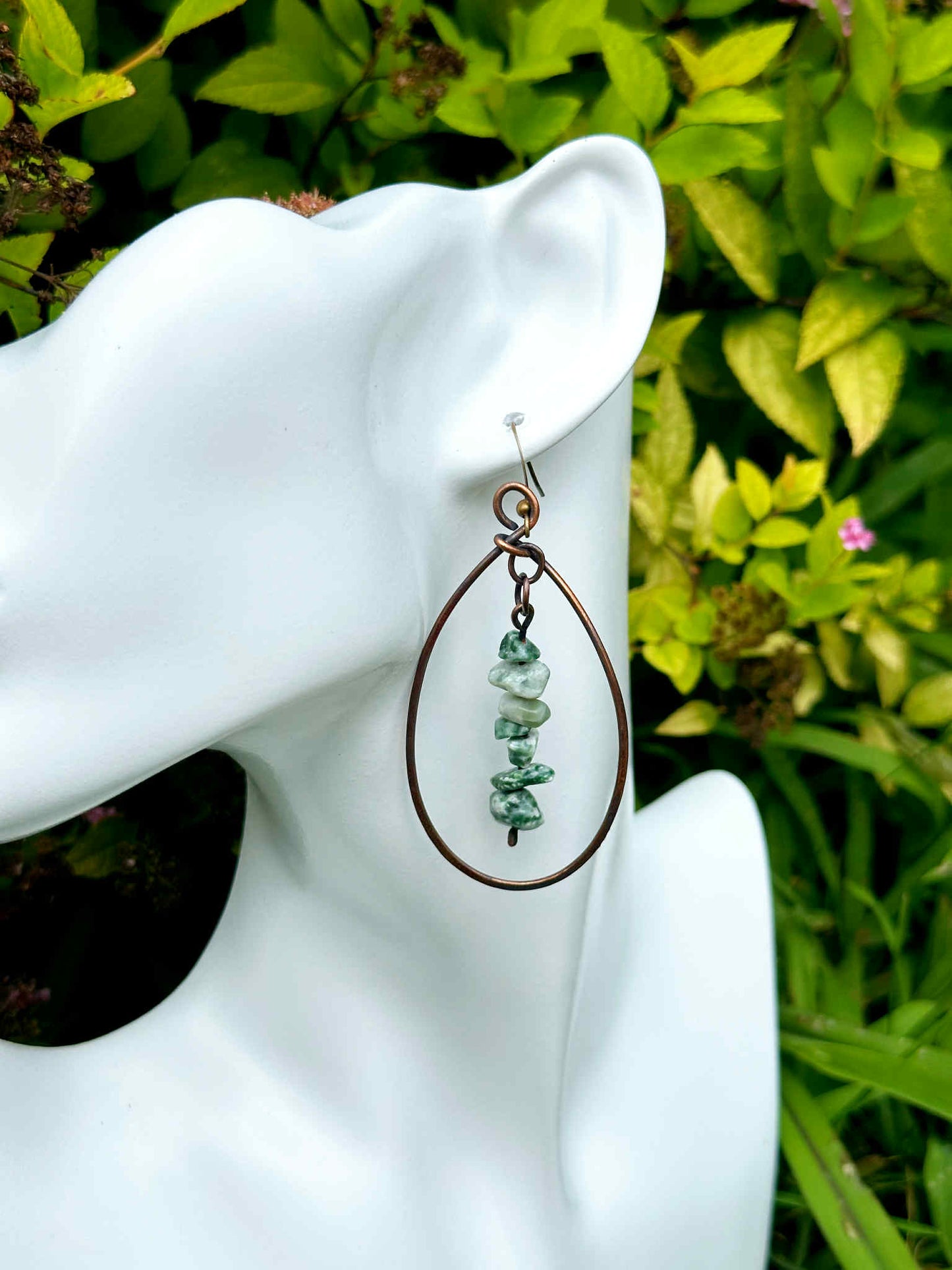 Green Serpentine Crystal Copper Hoops