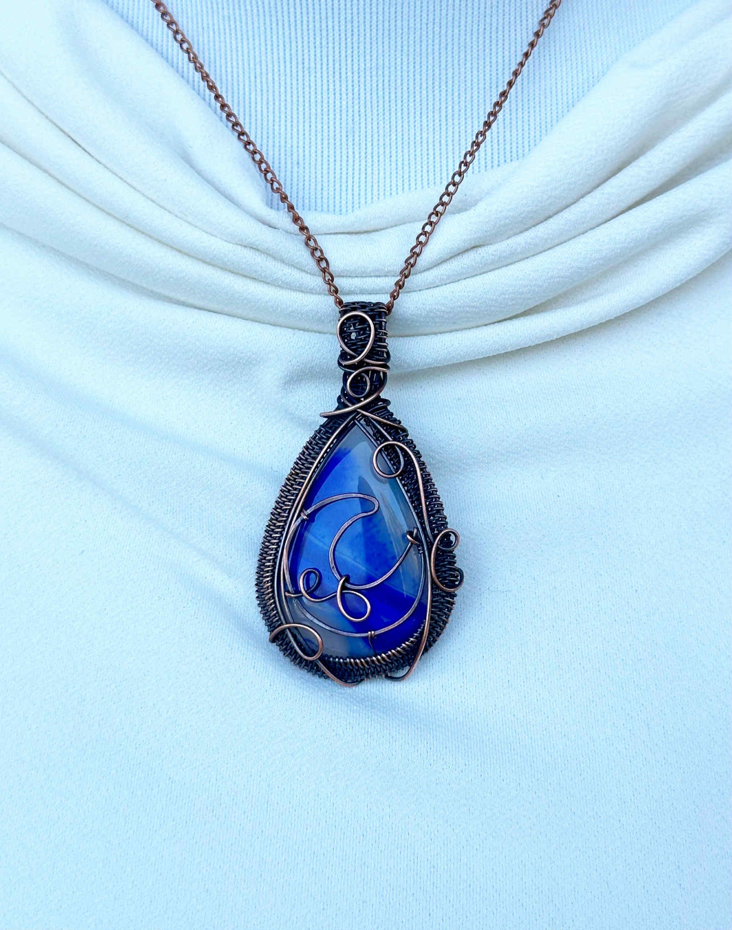 Crescent Moon Blue Banded Agate Crystal Copper Pendant