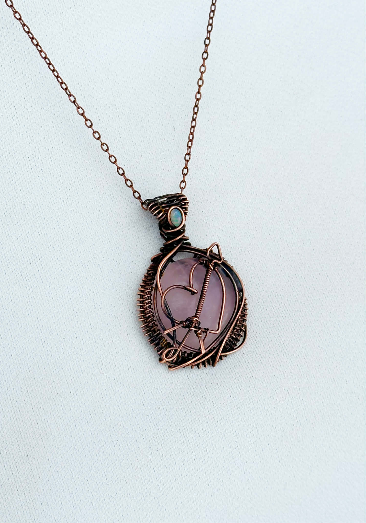 Heart Arrow Symbol Rose Quartz & Opal Accent Crystal Copper Pendant
