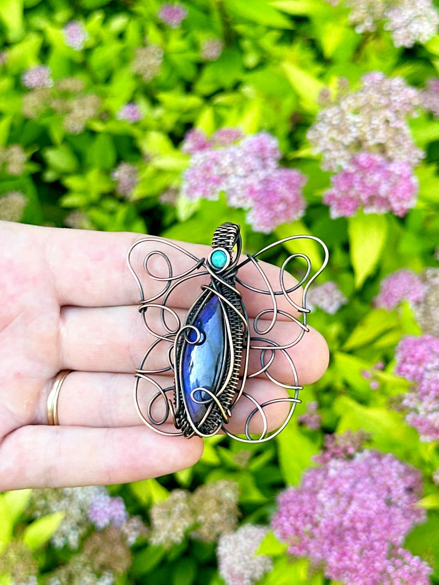 Butterfly Double Labradorite & Opal Crystal Copper Pendant