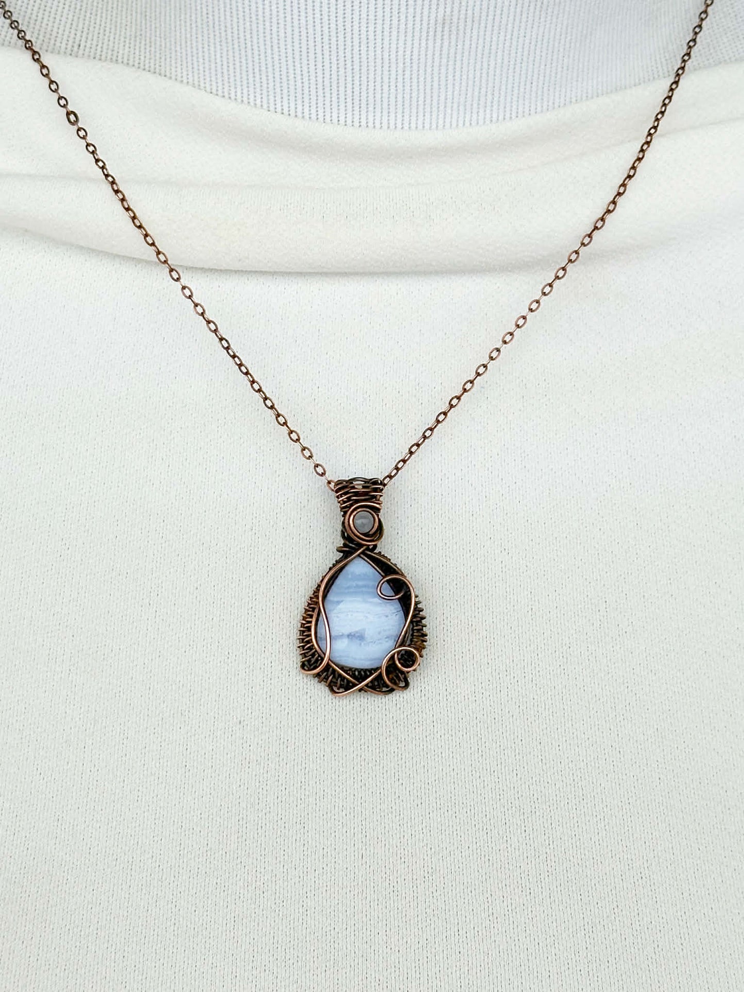 Blue Lace Agate & Clear Quartz Accent Crystal Copper Pendant