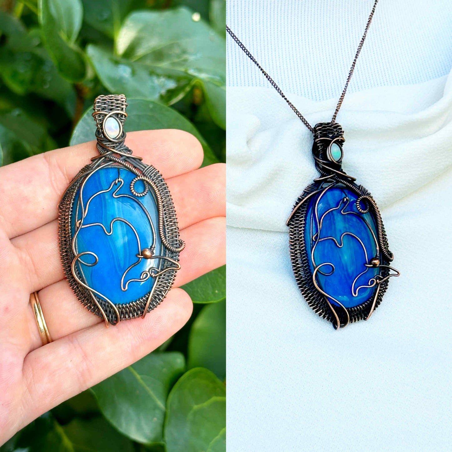 Dolphin Blue Banded Agate Crystal Copper Pendant