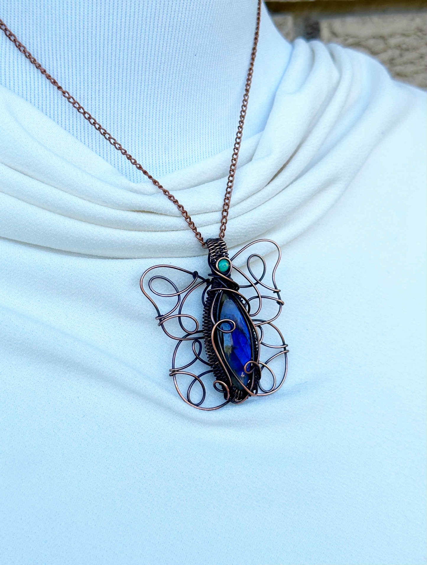 Butterfly Double Labradorite & Opal Crystal Copper Pendant