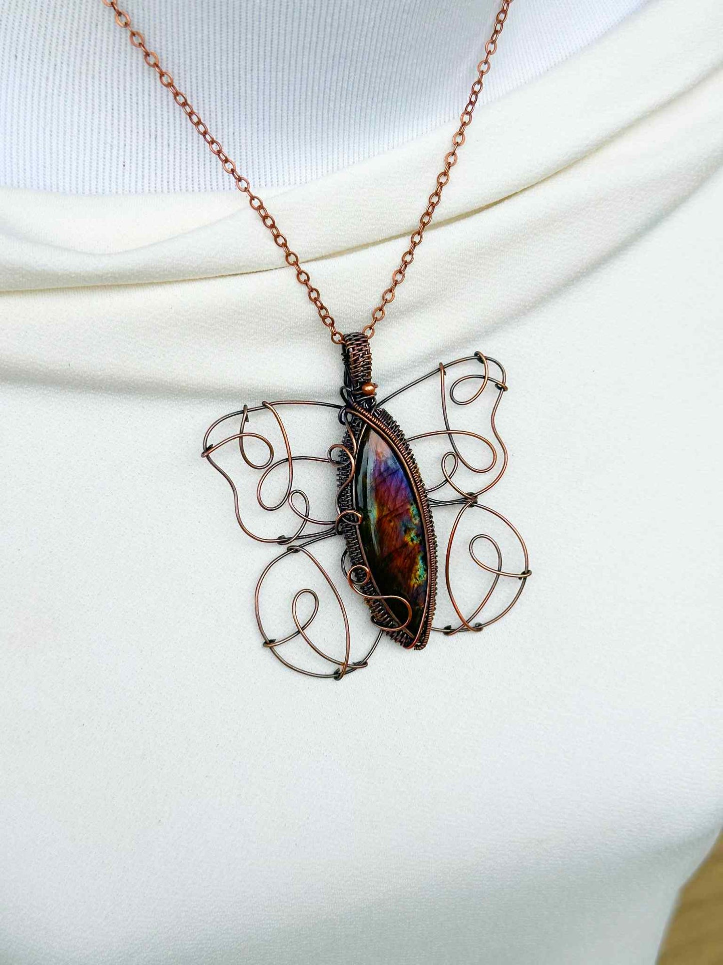 Peacock Butterfly Labradorite Crystal Copper Pendant